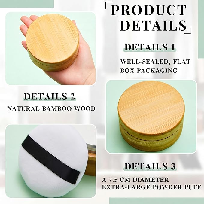 Frienda 150 ml Bamboo Loose Powder Puff and Container Empty Dusting Powder Jar for Body Face Makeup Travel Case Compact Case Holder with Sifter Lids and Puff