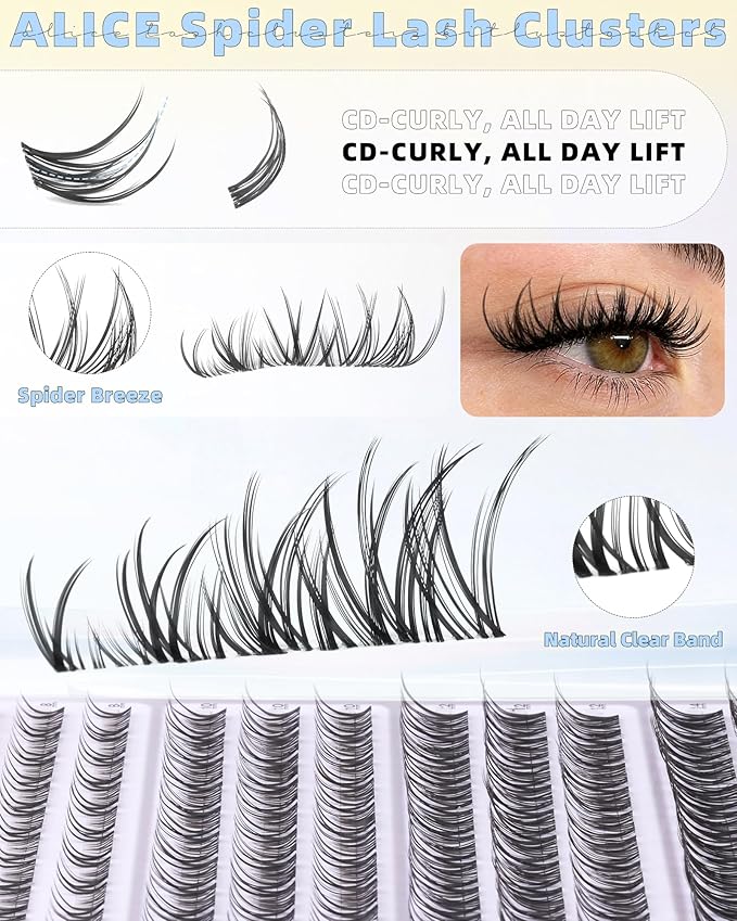Spider Lash Clusters Natural Wispy Eyelash Clusters 8-14mm Invisible Band CC-Curly Cluster Eyelash Extensions Lash Extensions DIY Clear Band Individual Spider Lashes by ALICE