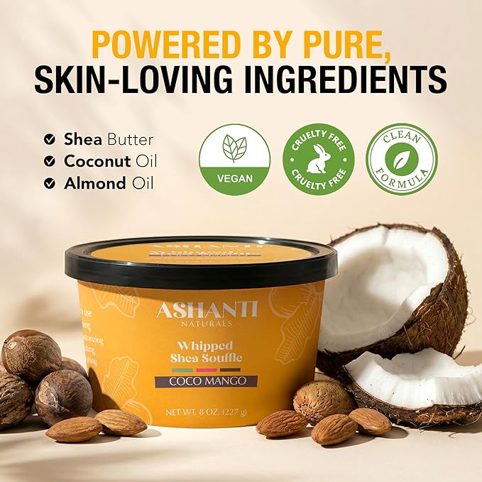 Ashanti Naturals Scented Whipped Shea Butter | African Body Butter for Men w/Coconut and Almond Oil (Coco Mango Souffle, 8 oz)