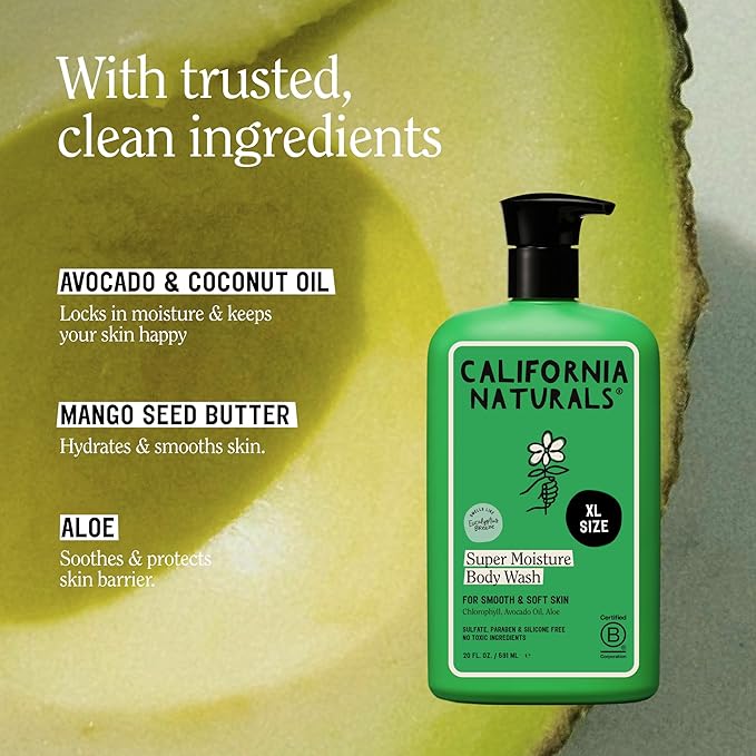 California Naturals Super Moisture Body Wash 2-Pack, Hydrating Shower Gel for Dry Skin, Mango Seed Butter, Avocado & Aloe, Sulfate, Paraben & Silicone Free, Naturally Scented Eucalyptus Breeze, 20 oz