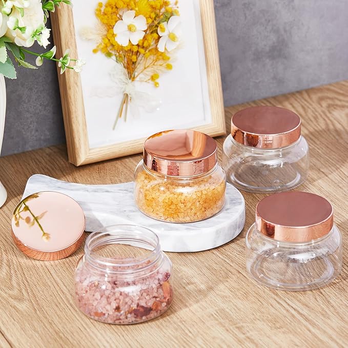 Tessco for you 24 Pack Plastic Jars with Lids Labels Multiuse Slime Containers Empty Body Scrub Jars Round Refillable Cosmetic Body Butter Container for Makeup (8 oz,Rose Gold)