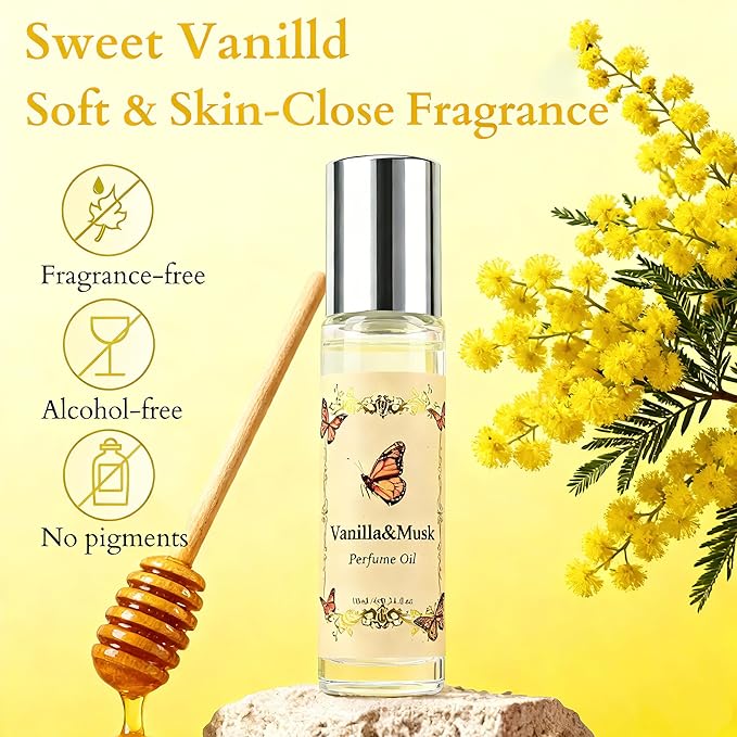 Vanilla & Musk Roll-On Perfume Oil – Travel Size Perfumes for Women, Alcohol Free Skin Close Fragrance, Warm & Soft Scent Elegant Gift -Vegan & Cruelty-Free 0.34 fl.oz