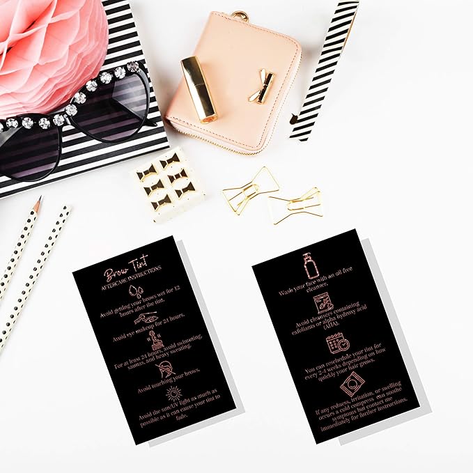 Brow Tint Aftercare Instruction Cards | 50 Pack | 2 x 3.5” inches Business Card Size | Starter Lift Kit with Tint at home diy aftercare supplies | Black with Rose Gold Design