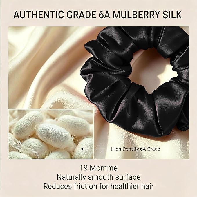ZLYC 100% Mulberry Silk Scrunchie 19 Momme Gentle Creaseless Hair Tie for Women Dent-Free Ponytail Holder, 3.5cm Solid Black