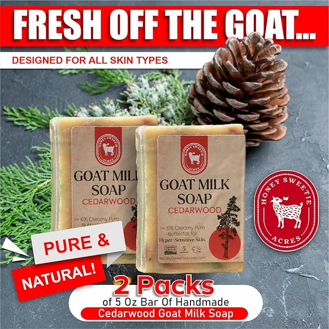 Honey Sweetie Acres 2-Pack Cedarwood Goat Milk Soap - Handmade 5 oz Bar, Made with Natural Ingredients, Moisturizing & Gentle, Made in the USA