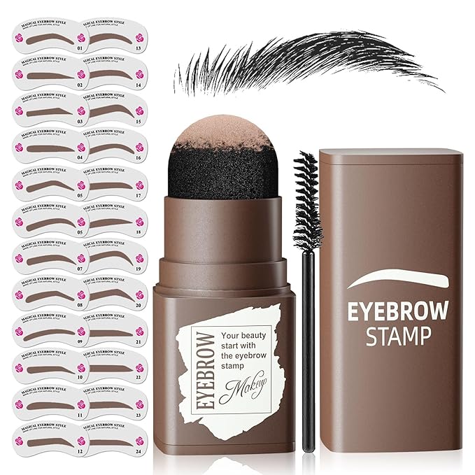Eyebrow Stamp Stencil Kit - Eyebrow Powder with Brush Long-Lasting & Waterproof Brow Shaping Kit with 24 Reusable Thin & Thick Eyebrow Stencils for Natural Eyebrow Color, Gifts for Mom (Black)