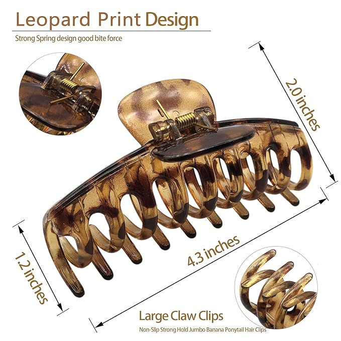 OWIIZI Hair Clip, 4.3 inches Matte Large Hair Claw Clips Leopard Print Non-Slip Ponytail Jaw Barrette Strong Hold Banana Jumbo Claw Clips for Women Long Thick Hair