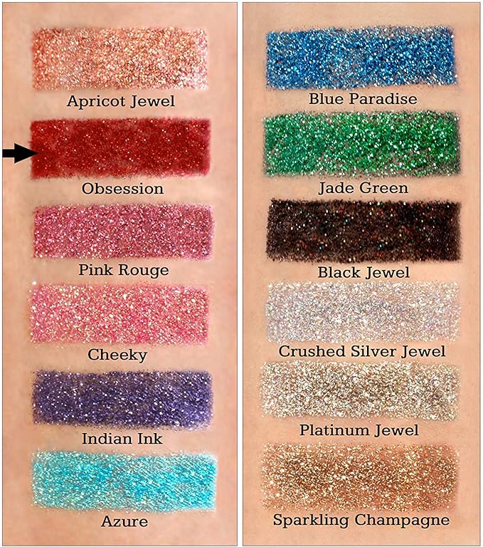 GLITTIES - Obsession - Cosmetic Grade Extra Fine (.006") Loose Glitter Powder Safe for Skin! Perfect for Makeup, Body Tattoos, Face, Hair, Lips, Soap, Lotion, Nail Art - (10 Gram Jar)