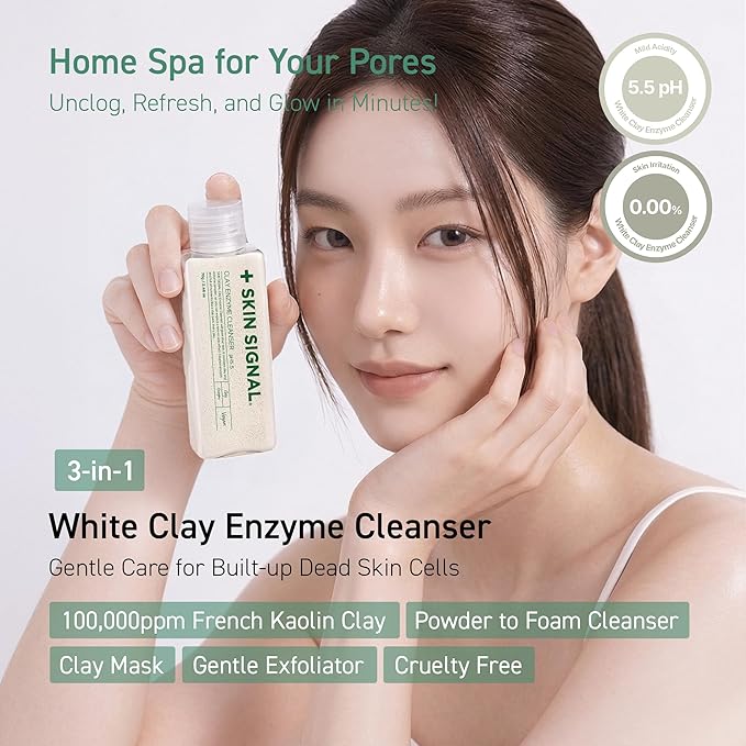 White Clay Enzyme Cleanser, Gentle Exfoliating Face Wash for Sensitive Skin, Deep Pore Facial Cleanser, Powder to Creamy Clay Mask, Korean Skin Care