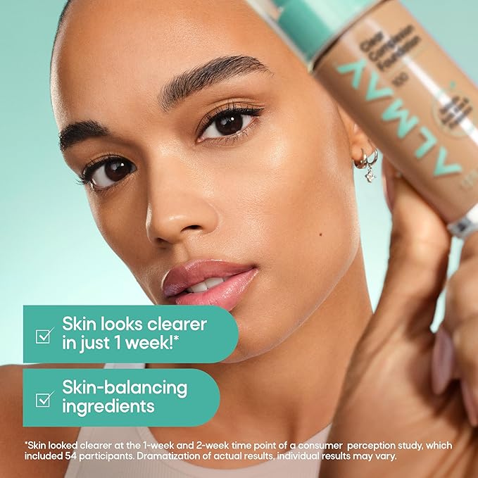Almay Clear Complexion Foundation, Oil-Free Face Makeup for Acne-Prone Skin, Buildable Coverage, Soft-Matte Finish, Vegan, 710, 1 fl oz