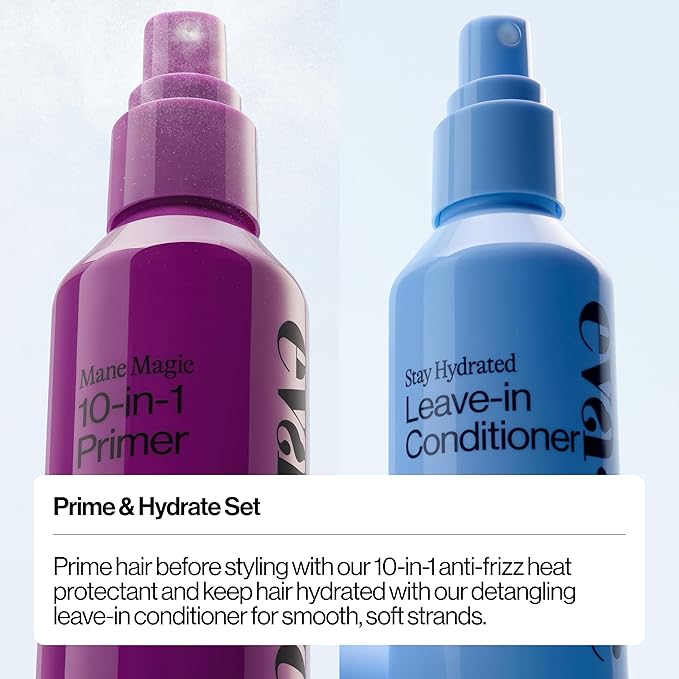 Eva NYC Prime and Hydrate Gift Set - Mane Magic 10-in-1 Heat Protectant Spray + Hydrating Leave-In Conditioner Spray - Formulated with Argan Oil, Hyaluronic Acid + Vegan Collagen - 10 fl oz - 2 Pack