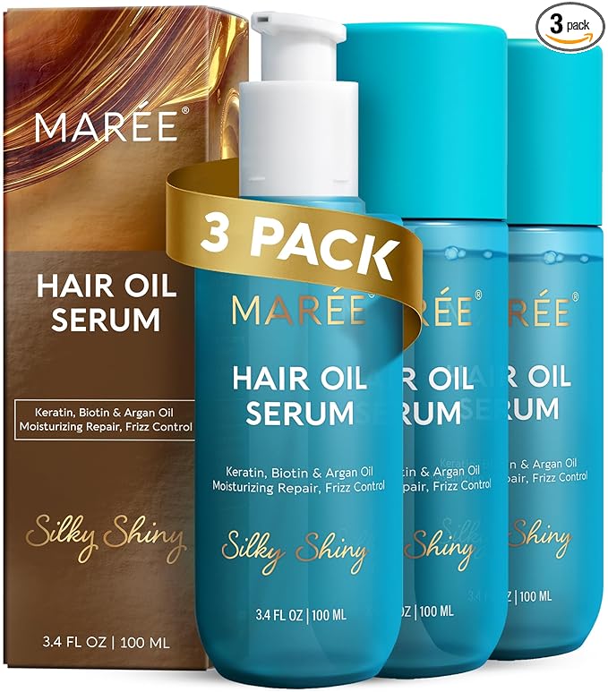 MAREE Hair Oil for Frizzy Hair with Argan Oil, Keratin & Biotin 3 PACK – Hair Serum for Dry and Curly Hair Gloss – Frizz Control Hair Care Products for Women – Aceite Para el Cabello