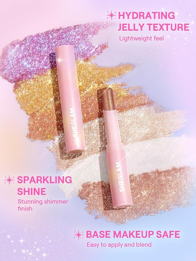 SHEGLAM Crystal Jelly Glaze Stick Eye Shadow Stick Eyeliner Brightener Pencil Crayon with Brush Easy to Blend Long Lasting Shimmer Eyeshadow-Rosy Gem