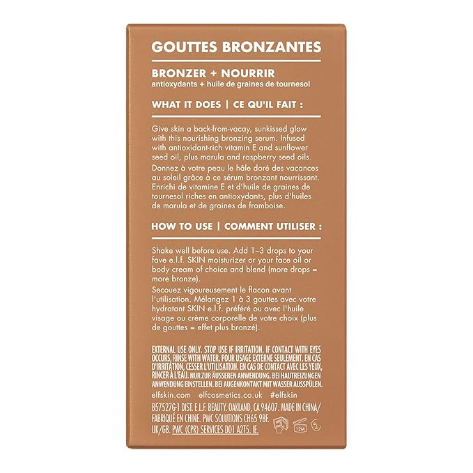 e.l.f. SKIN Bronzing Drops, Liquid Face Tinted Serum with Vitamin E & Sunflower Oil, Vegan & Cruelty-Free, Fair Gold