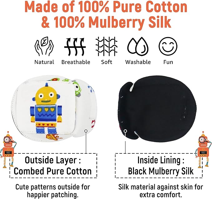 Astropic 3D Cotton & Silk Eye Patch for Kids | Boys Eye Patch for Glasses | Medical Eyepatch for Children with Lazy Eye (Yellow Robot, Left Eye)