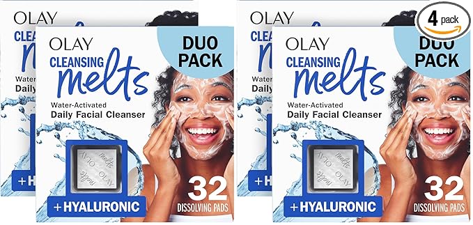 Olay Face Wash, Hyaluronic Acid Cleansing Melts, Fragrance-Free, Daily Use Gentle Cleanser, For All Skin Types, Travel Size, Water-Activated to Clean, Tone, and Refresh(32ct), (Pack of 4)