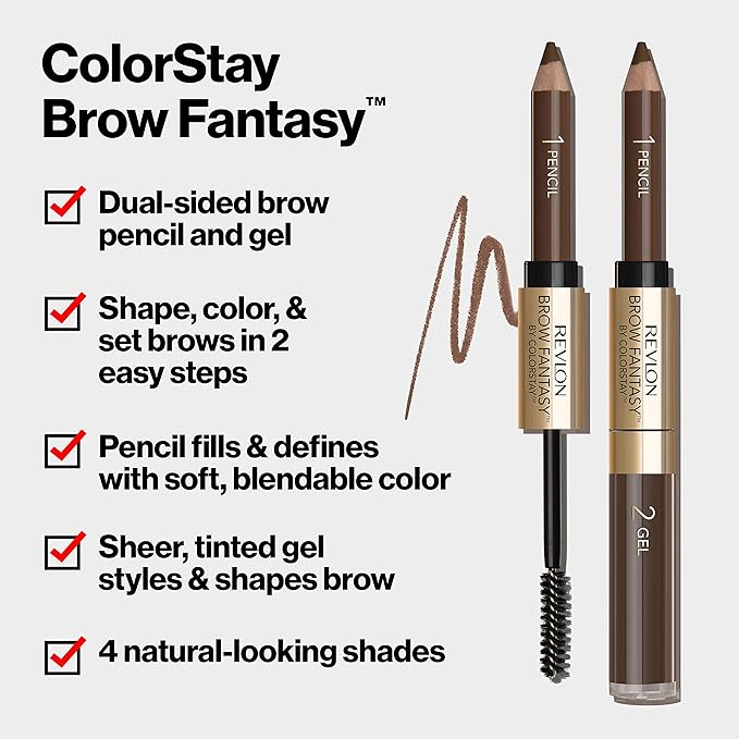 Revlon Eyebrow Gel & Pencil, ColorStay Brow Fantasy 2-in-1 Eye Makeup, Longwearing with Precision Tip, 105 Brunette, 0.04 Oz