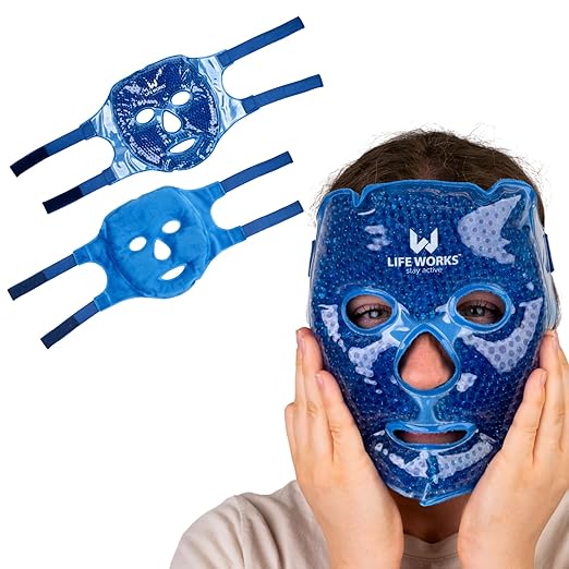 LIFE WORKS Gel Bead Face Mask, Cooling Eye Mask for Puffy Eyes and Headache, Hot or Cold Face Pack for Migraine Relief, Reusable Cold Wrap for Eyes, Cheeks, Forehead, and Nose