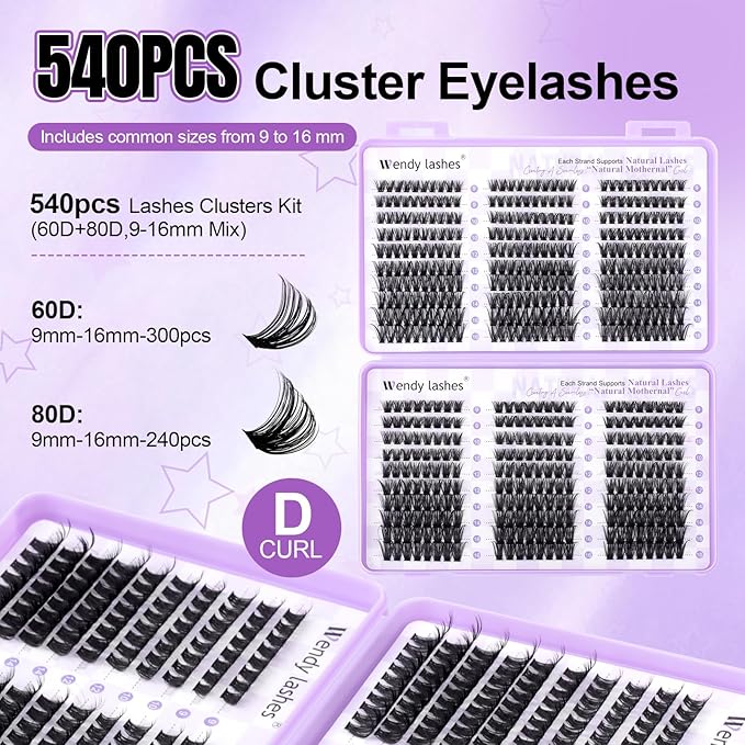WENDY LASHES Clusters 60D+80D Eyelash Clusters 540PCS 9-16mm D Curl Natural Lashes Fluffy Wispy False Eyelashes DIY Cluster Eyelash Extensions