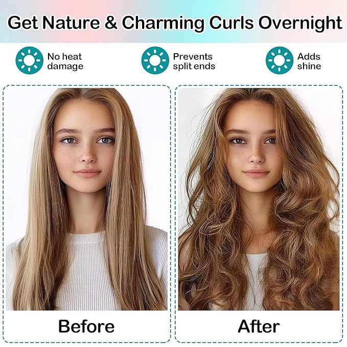 Heatless Hair Curler for Overnight Curls | No Heat Curling Rod Set with Satin Bonnet | Sleep-In Safe Blowout Rods for Frizz-Free Waves Green Tie Dye