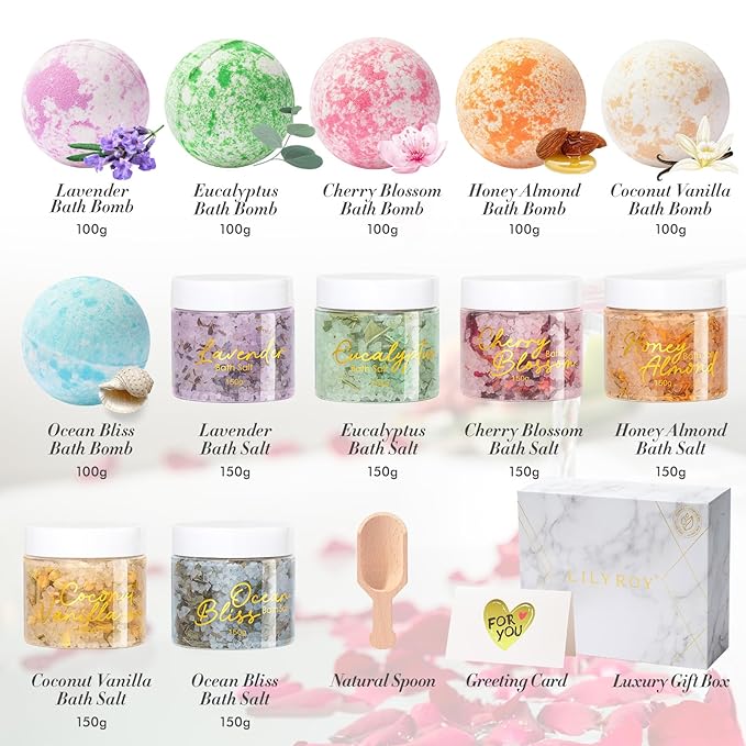 Gifts for Women & Men - 15 Pcs Luxurious Spa Gift Set Bath and Body Gift Set for Mom Dad | Perfect Valentines Day, Christmas, Mothers Day, Birthday Gifts with 6 x 150g Bath Salt 6 x 100g Bath Bomb