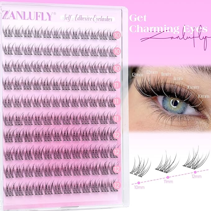 Self Adhesive Eyelashes Natural Self Adhesive Lash Clusters Wispy Press on Lashes 10-12MM Pre-glued Eyelash Clusters 120pcs C-curly No Glue Lashes DIY Individual Lashes by ZANLUFLY