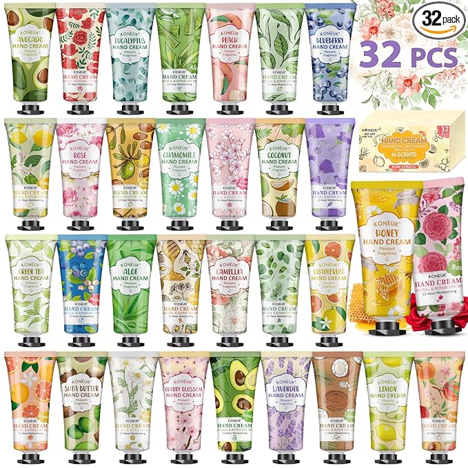 KONEUK 32 Pack Hand Cream Gift for Women, Bulk Hand Lotion Travel Size for Dry Cracked Hands, Mini Moisturizing Hand Cream for Mothers Day Gifts, Teacher Gifts, Nurse Gifts, Bridal Shower Favors