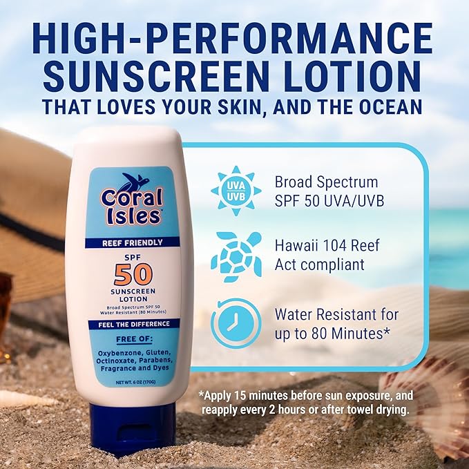 Coral Isles Sunscreen SPF 50 | Hawaii Reef Act Compliant | Octinoxate & Oxybenzone Free | Broad Spectrum UVA/UVB Protection | Water Resistant 80 Min. | Fragrance Free | 6 Fl Oz Lotion