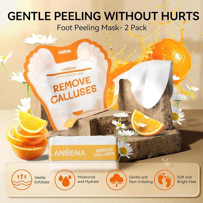LANBENA Vitamin C Foot Peeling Mask, Foot Mask for Dry Cracked Feet, Exfoliator Peel Off Calluses Dead Skin Callus Remover, Repair Rough Heels & Get a Baby Soft Feet for Men and Women(2 Pairs)