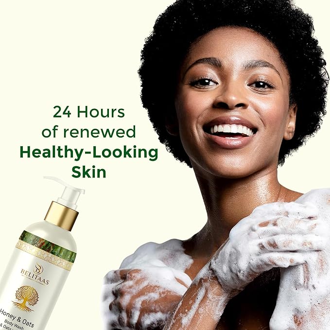 Belitaas Honey & Oats Body Wash – PLANT-BASED Cleanser, 10.14 fl oz (300ml) | Sulphate/SLS/Paraben-Free, Vitamin-Enriched, Non-Irritating | Hydrating & Gentle for Sensitive, Dry Skin | Mild Fragrance