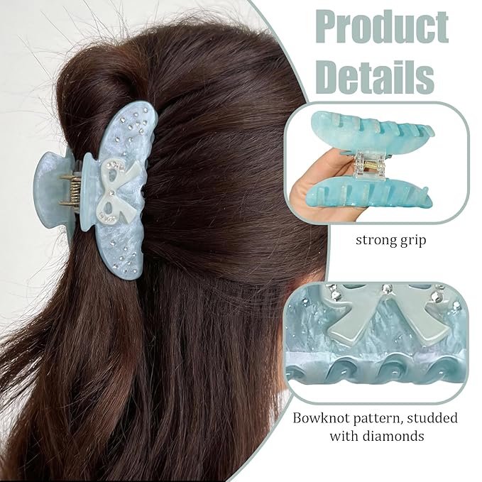 Bow Claw Clip for Women, Non-Slip Sparkling, Pink Cute Extra Large Claw Clips for Thick Hair, Strong Hold Hair Accessories for Workout Party Everyday Use (Blue)