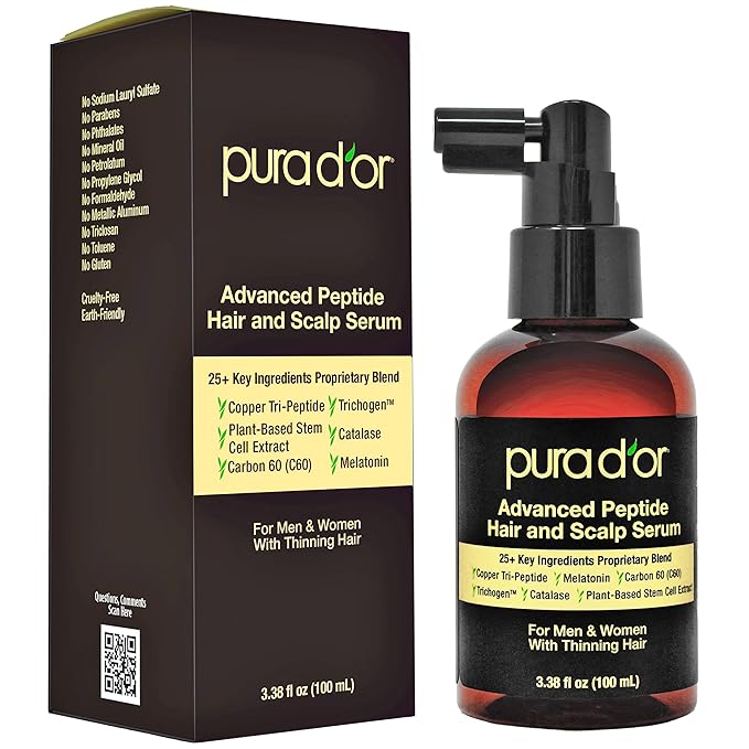 PURA D'OR Advanced Hair & Scalp Serum 3.38 oz – For Hair Thinning with Copper Tri-Peptide, Caffeine, Botanical Extract Blend, Fuller Appearance Strands – Vegan, Cruelty-Free Formula for Men & Women
