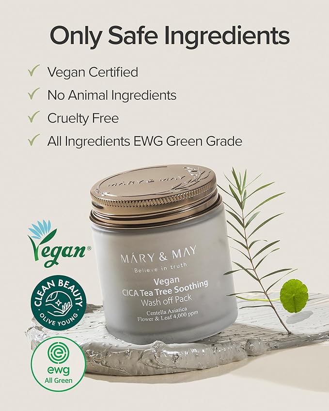 Mary&May Vegan Cica Tea Tree Soothing Wash Off Pack - Natural Centella Clay Mask for Sensitive Skin, Relieves Irritation, Cleanses Pores, and Hydrates, 4.23oz.