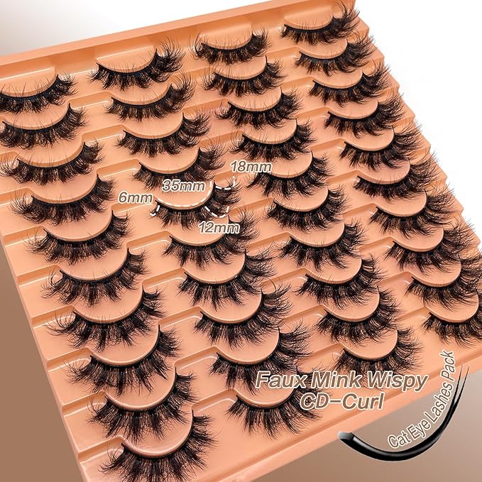 Mink Lashes Fluffy Cat Eyelashes Wispy Dramatic Volume 3D EyeLash D Curl 18mm Full Strips Lashes Thick That Look Like Extensions False Mink Eyelashes Pack YH304