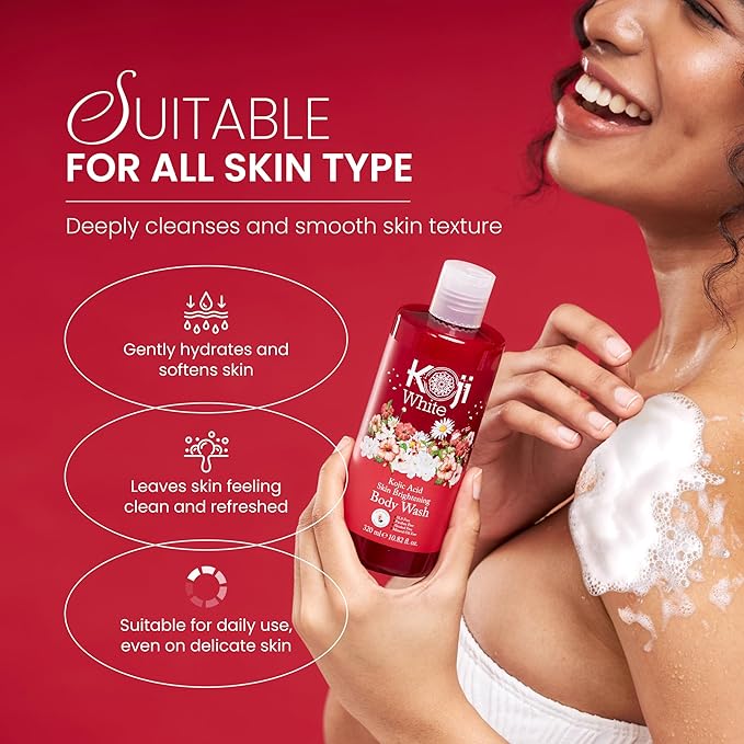 Koji White Kojic Acid Skin Brightening Body Wash - Daily Moisturizing Cleanser, Uneven Skin Tone with Flower Acid Extracts, Hyaluronic Acid, Vitamin E & B5, Vegan Body Wash, 10.82 Fl oz