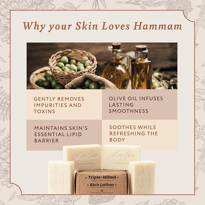 Mary Case Turkish Hammam Bar Soap Set of 4 | Traditional Bath Soap with Premium Olive Oil | Natural Bath Soap Bars for Men & Women | Softening, Purifying & Deeply Cleansing Skin