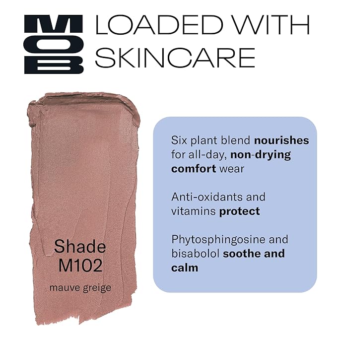 MOB Beauty Soft Matte Lipstick, M102 Mauve Greige, Long Lasting, Weightless Blurring Lip Color Infused with Skincare, Vegan, Silicone-Free, Cruelty Free