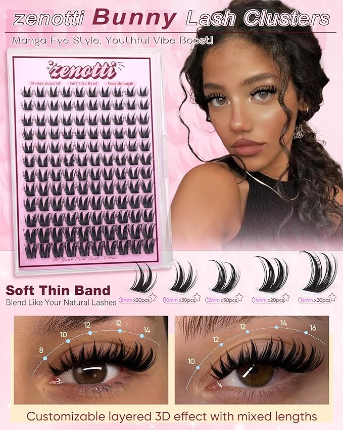 Bunny Lash Clusters Manga Eyelash Clusters Wispy Cluster Eyelash Extensions Anime Fairy Individual Lashes Cluster with Spikes Wet Look Lash Extensions 8-16mm by zenotti