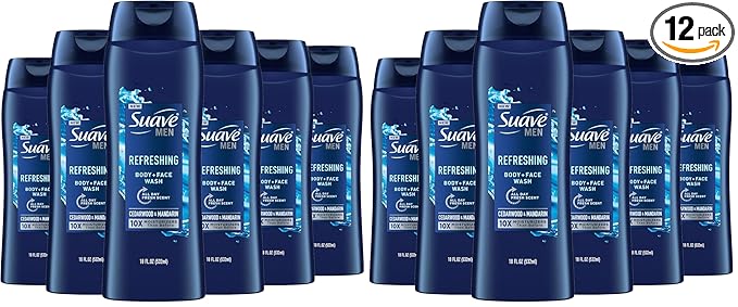 Suave Men Moisturizing Body & Face Wash, With Cedarwood and Mandarin Scent, No Parabens, No Phtahaltes, 18 Oz (Pack of 12)