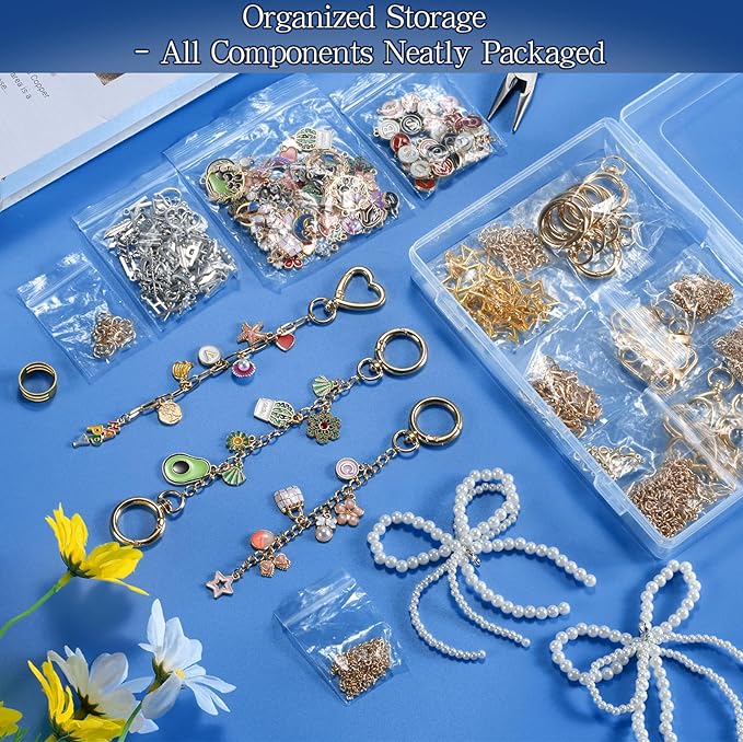DRHWEFSQ 325Pcs Lip Gloss Keychain Making Kit, DIY Jewelry Supplies with 118 Charms, 25 Extender Chains, 30 Clips, 150 Jump Rings & Plier for Custom Keychains, Bags, Handmade Gifts