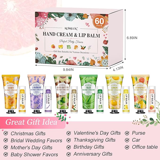 KONEUK 60 Pack Hand Cream Bulk and Lip Balm Bulk Sets, Mothers Day Gifts and Bridal Shower Gift for Guests, Teacher Appreciation Gifts, Nurses Week Gift, Birthday Gift, Small Gifts for Women