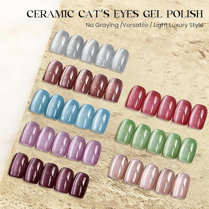 MIZHSE 8 Colors Cat Eye Gel Nail Polish, Glitter Magnetic Gel Polish Set with Magnet Stick, Holographic Shimmer Silver Brown Green Purple Colors Nail Gel Soak Off Nail Art Salon DIY Gift