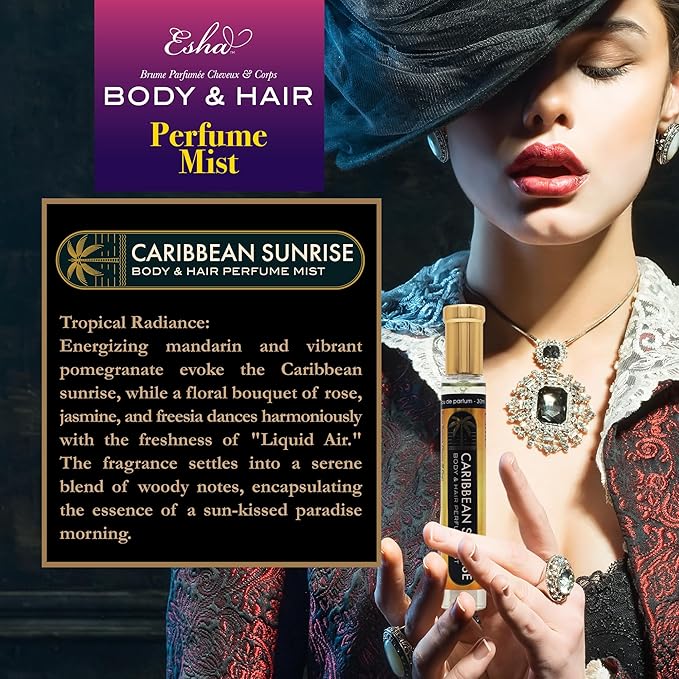Esha Body & Hair Perfume Mist - Eau de Parfum for Women - Infused with Betaine - Zesty Mandarin and Pomegranate Infusion - Light Fruity Orange (CARIBBEAN SUNRISE)