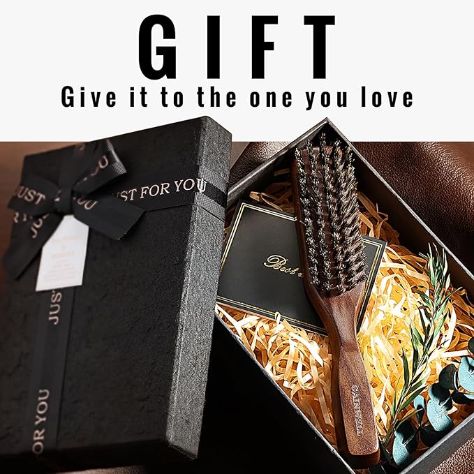 GAINWELL Mens Wild Boar Bristle Hair Brush for Men, Slick Back Hair Brush with Stiff Bristles for Thick Hair, Beard Brush Natural Black Walnut Wooden Handle Hairbrush