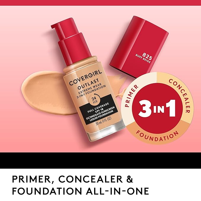 Covergirl Outlast Extreme Wear 3-in-1 Full Coverage Liquid Foundation, SPF 18 Sunscreen, Warm Beige, 1 Fl. Oz. (Pack of 2)