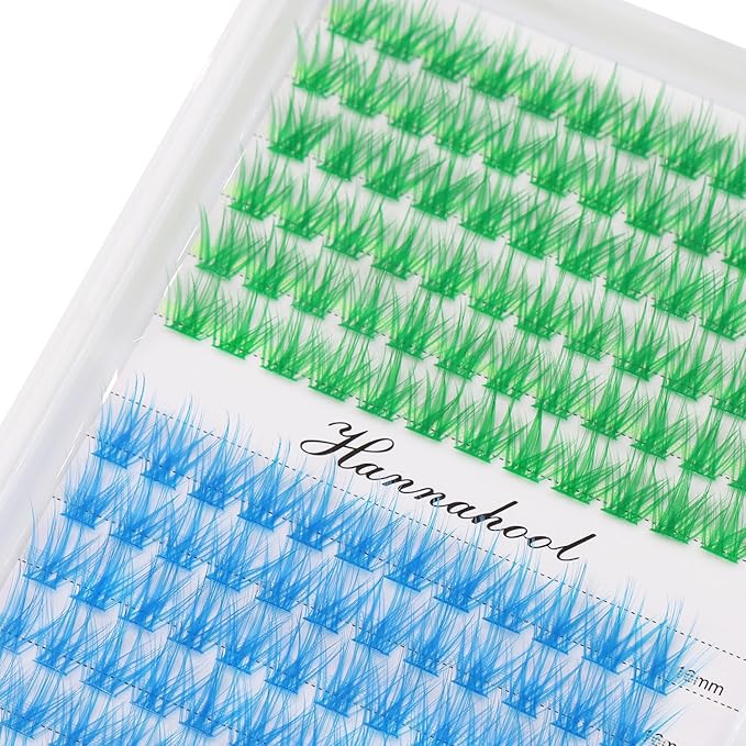 12rows-Large Tray Mixed 8-10-12-14-16mm/Mixed 14-15-16mm/Mixed14mm-16mm/Mixed 18-20mm Wide Stem Individual False Eyelashes Dramatic Black Cluster Eyelashes (LC07-Green-blue-14-16mm)