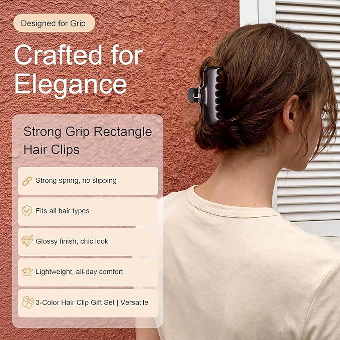 3Pcs Rectangle Hair Claw Clips for Women, 3.8" Premium PC Material Non-Slip Strong Hold Hair Claw for Thick Thin Hair, Durable Comfortable Jaw Clip Large Stylish Hair Accessories Gift Box Set