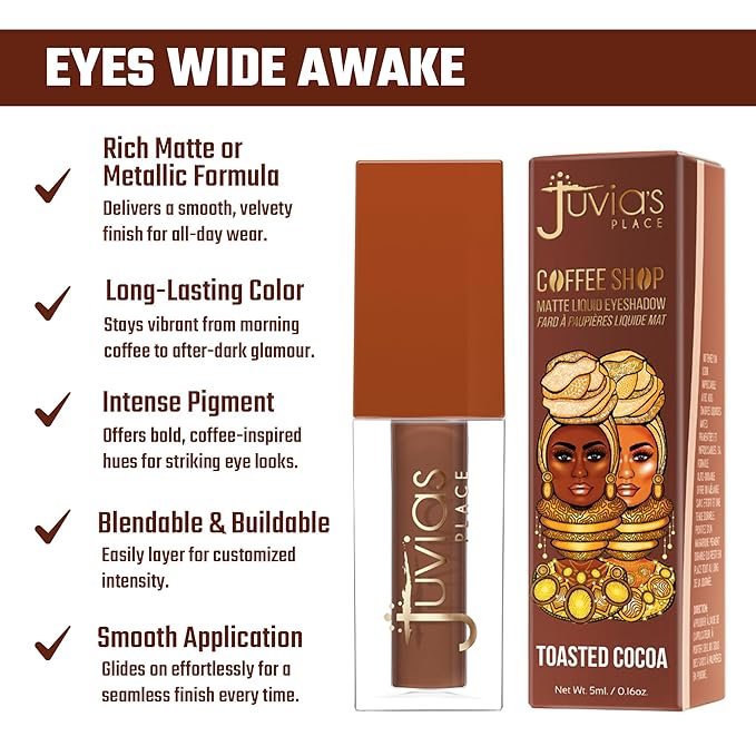 Juvia's Place Coffee Shop Liquid Eyeshadow Toasted Cocoa - Matte Finish for Rich, Long-Lasting Color, Waterproof, and Smooth Texture - Buildable and Vibrant - Ideal for All Skin Tones, 0.08 fl oz