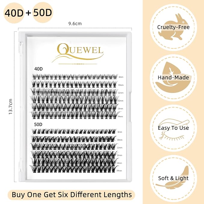 QUEWEL Cluster Lashes 240Pcs Individual Lashes 40D+50D C Curl Mix8-14mm Lash Extensions Clusters Lash Soft&Natural False Eyelashes Individual DIY Eyelash Extension at Home(40D+50D C mix-8-14)