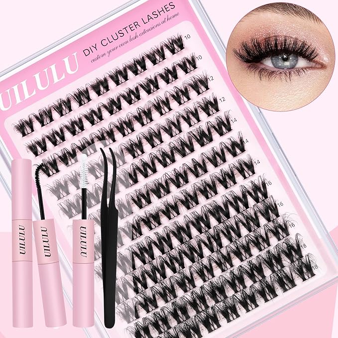Uilulu Lash Clusters Kit for DIY Lash Extension at Home, False Eyelashes Set with Bond Seal, Lash Remover, Brush, Tweezers, D Curl Wispy Individual Clusters Eye Lash Extensions Kit (U10 Kit)